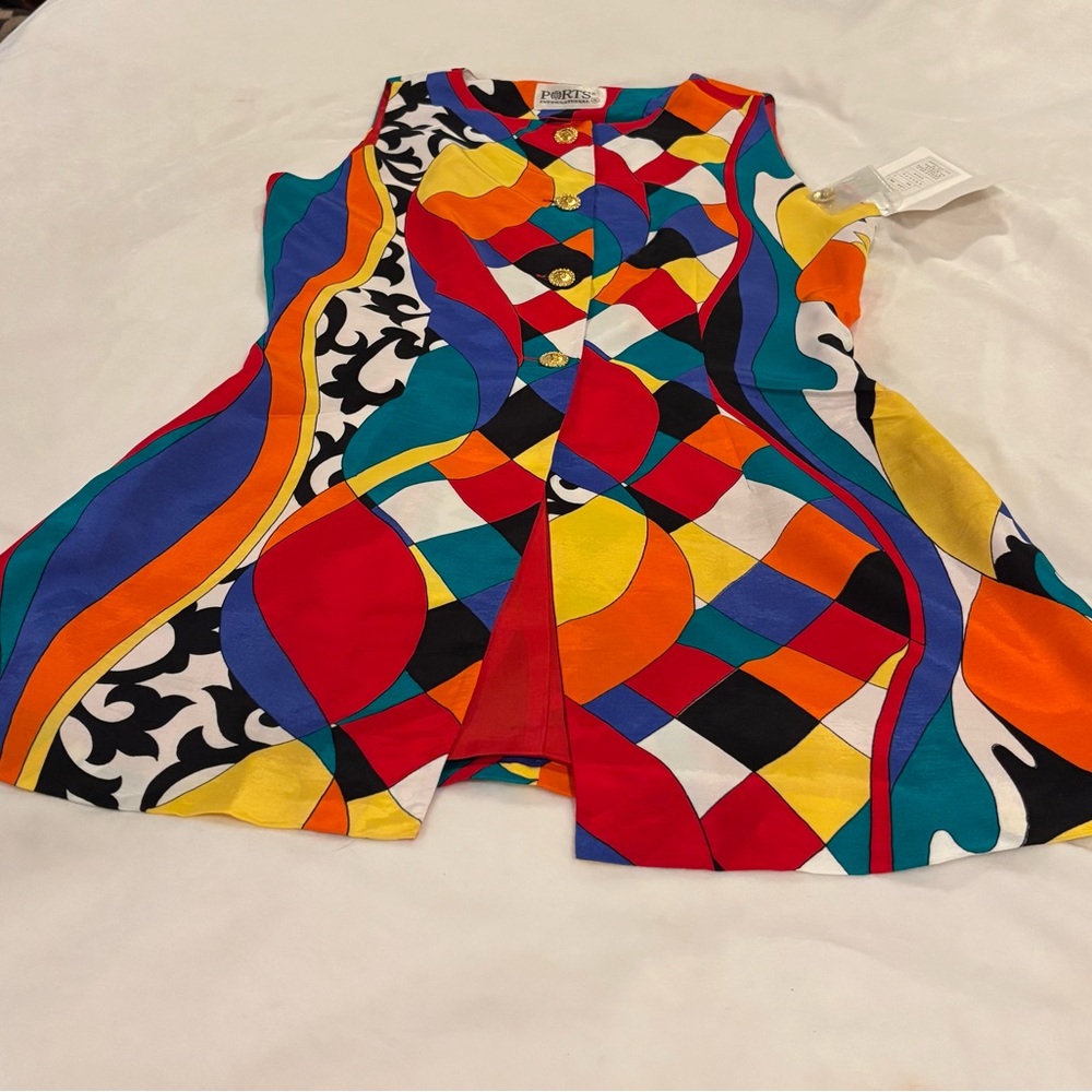 VTG Ports International Colorful Geometric Button Down Sleeveless Top. Sz 6. NWT